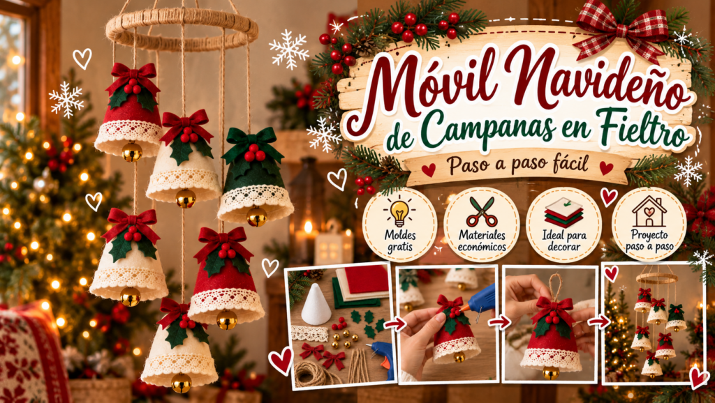 Móvil navideño artesanal con campanas rojas y crema de fieltro, cascabeles dorados y decoración de acebo.
