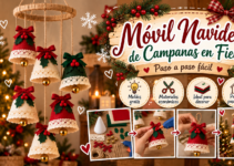 Móvil navideño artesanal con campanas rojas y crema de fieltro, cascabeles dorados y decoración de acebo.