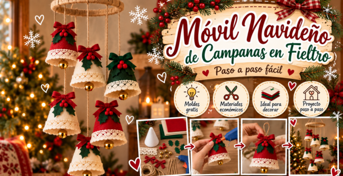 Móvil navideño de campanas de fieltro con cascabeles Móvil navideño artesanal con campanas rojas y crema de fieltro, cascabeles dorados y decoración de acebo.