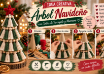 Árbol de Navidad artesanal hecho con borlas de hilo verde y crema, cuentas de madera y estrella roja.