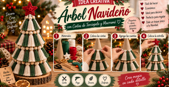 Cómo hacer un árbol de Navidad con borlas de hilo paso a paso Árbol de Navidad artesanal hecho con borlas de hilo verde y crema, cuentas de madera y estrella roja.