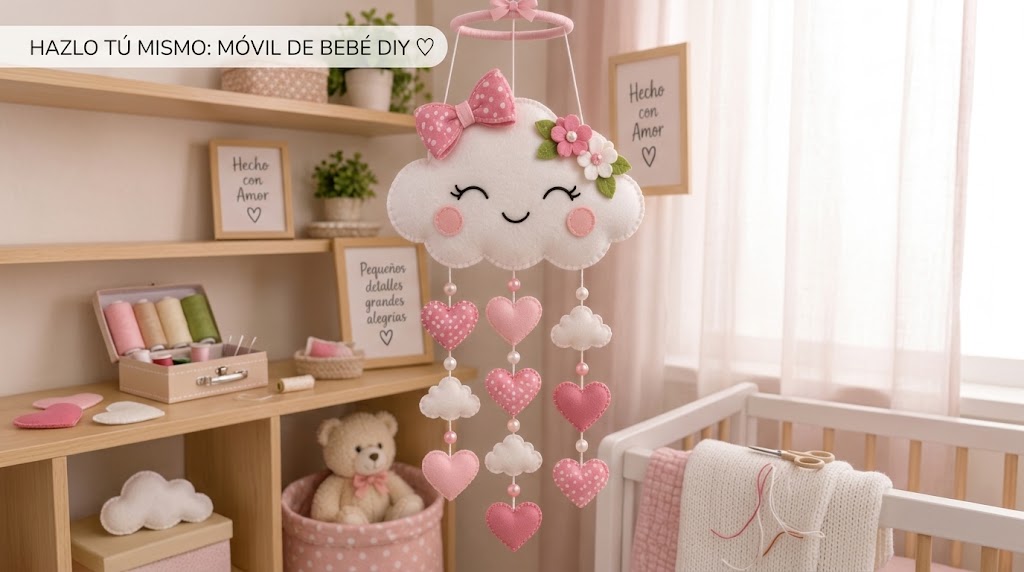 Móvil colgante de nube blanca con corazones rosas de fieltro, flores y lazo decorativo