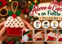 Adorno navideño de cupcake hecho en fieltro rojo y crema con hojas de acebo y bayas rojas.