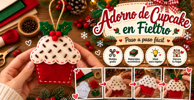 Adorno navideño de cupcake en fieltro paso a paso Adorno navideño de cupcake hecho en fieltro rojo y crema con hojas de acebo y bayas rojas.