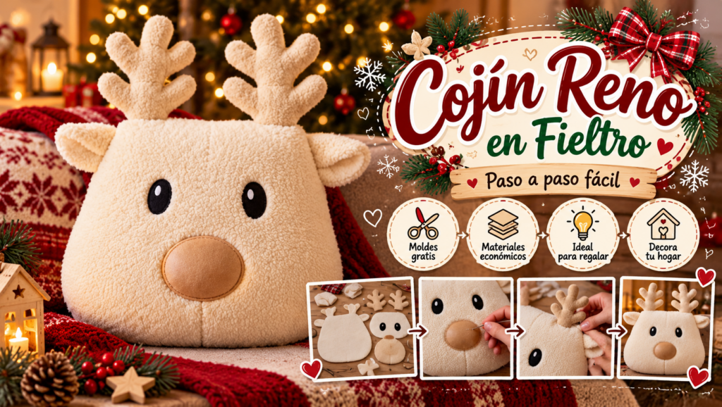 Cojín navideño artesanal con forma de reno en tela crema, astas acolchadas y hocico beige.