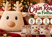 Cojín navideño artesanal con forma de reno en tela crema, astas acolchadas y hocico beige.