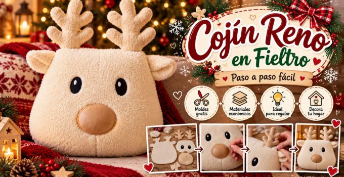 Cojín Navideño de Reno en Tela Cojín navideño artesanal con forma de reno en tela crema, astas acolchadas y hocico beige.