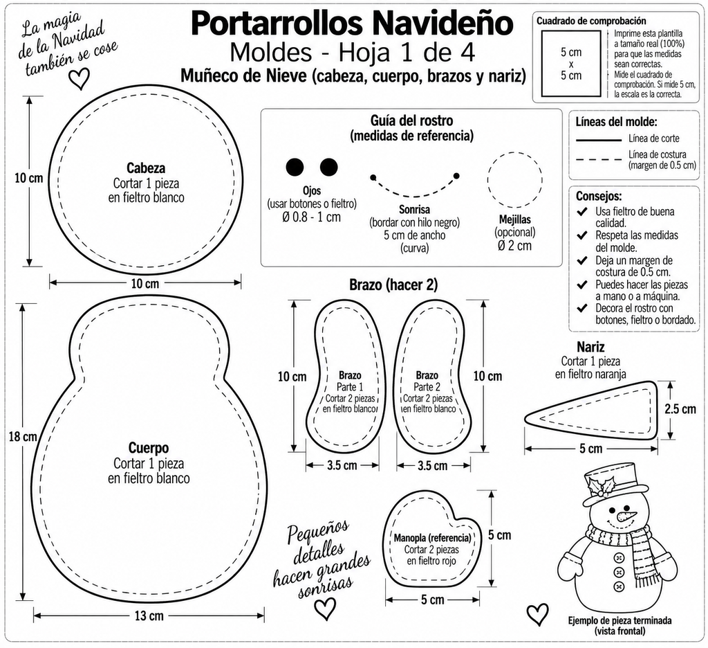 Portarrollos navideño de tela y fieltro decorado con muñeco de nieve y árboles de Navidad