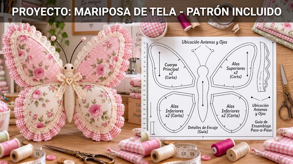 Mariposa decorativa de tela floral acolchada con encaje y volantes