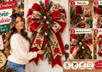 Moño navideño gigante rojo con ramas de pino, piñas y frutos rojos decorando una puerta