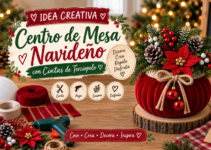 Centro de mesa navideño artesanal de terciopelo rojo decorado con ramas de pino, piñas, frutos rojos y flor de Nochebuena.