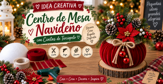 Cómo hacer un centro de mesa navideño de terciopelo rojo paso a paso Centro de mesa navideño artesanal de terciopelo rojo decorado con ramas de pino, piñas, frutos rojos y flor de Nochebuena.