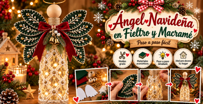 Ángel navideño luminoso con botella, macramé y fieltro Ángel navideño luminoso hecho con botella de vidrio, macramé, alas verdes de fieltro y luces LED cálidas.