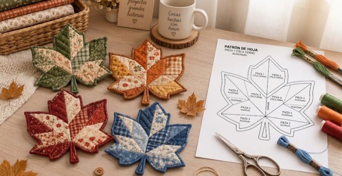 Individuales acolchados de tela en forma de hojas realizados con retazos de patchwork