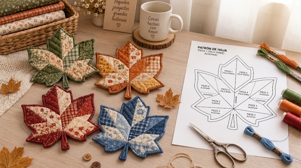 Individuales acolchados de tela en forma de hojas realizados con retazos de patchwork