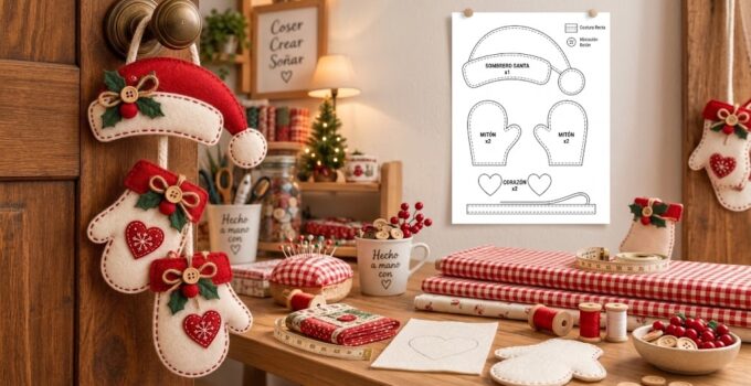 Cómo hacer un colgante navideño para puerta con gorro y mitones de fieltro Colgante navideño para puerta con gorro de Santa y mitones de fieltro