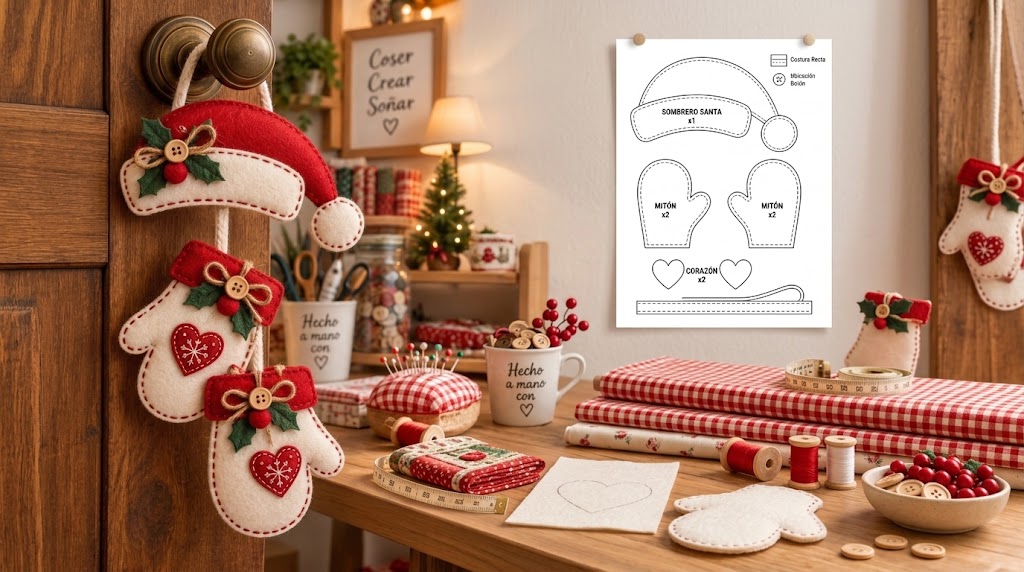 Colgante navideño para puerta con gorro de Santa y mitones de fieltro