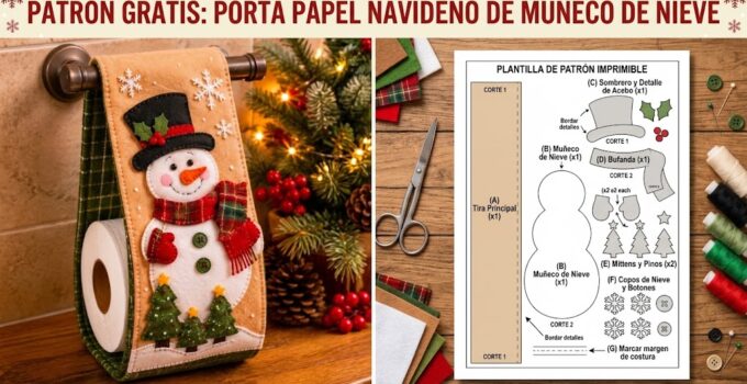 Cómo hacer un portarrollos navideño de fieltro con muñeco de nieve Portarrollos navideño de tela y fieltro decorado con muñeco de nieve y árboles de Navidad