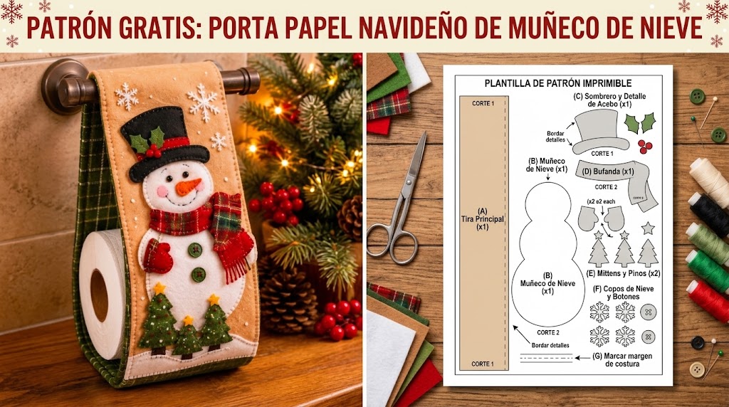 Portarrollos navideño de tela y fieltro decorado con muñeco de nieve y árboles de Navidad
