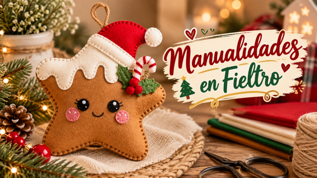 Estrella de jengibre navideña hecha en fieltro con gorro de Santa y bastón de caramelo.