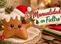 Estrella de jengibre navideña hecha en fieltro con gorro de Santa y bastón de caramelo.