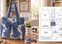 Bolso de tela floral azul con bolsillos laterales, asas largas y gran lazo decorativo