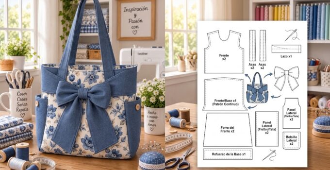 Cómo hacer un bolso de tela con bolsillos laterales y gran lazo decorativo paso a paso Bolso de tela floral azul con bolsillos laterales, asas largas y gran lazo decorativo