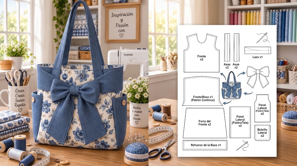 Bolso de tela floral azul con bolsillos laterales, asas largas y gran lazo decorativo
