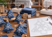 Pinitos navideños hechos con tela de jeans reciclada y copos de nieve blancos bordados