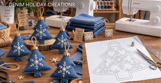 Cómo hacer pinitos navideños con tela de jeans paso a paso Pinitos navideños hechos con tela de jeans reciclada y copos de nieve blancos bordados