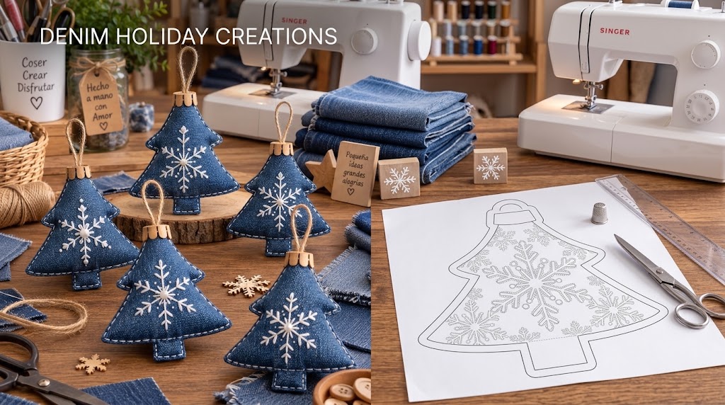 Pinitos navideños hechos con tela de jeans reciclada y copos de nieve blancos bordados