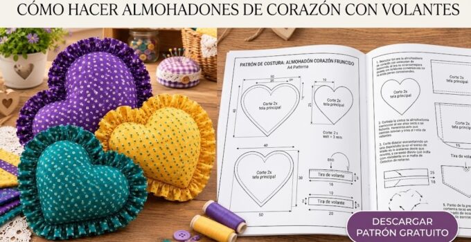 Cómo hacer corazones de tela acolchados con volante paso a paso Corazones acolchados de tela con lunares y volante fruncido alrededor