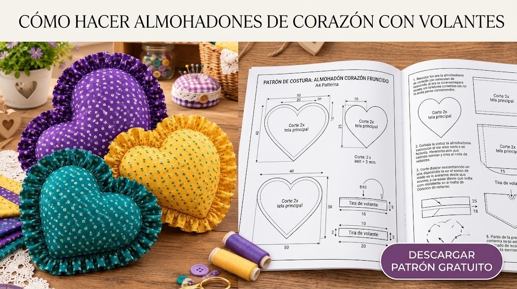 Corazones acolchados de tela con lunares y volante fruncido alrededor