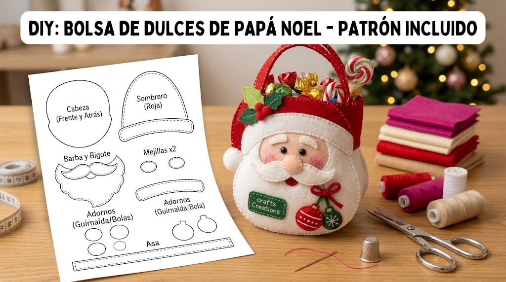 Bolsita navideña de Santa Claus hecha en fieltro con asas y adornos navideños