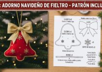 Adorno de campana navideña de fieltro rojo con lazo dorado y copos de nieve