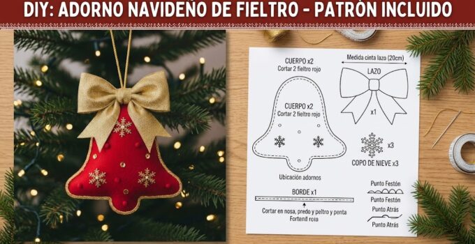 Cómo hacer un adorno navideño de campana en fieltro con lazo dorado paso a paso Adorno de campana navideña de fieltro rojo con lazo dorado y copos de nieve