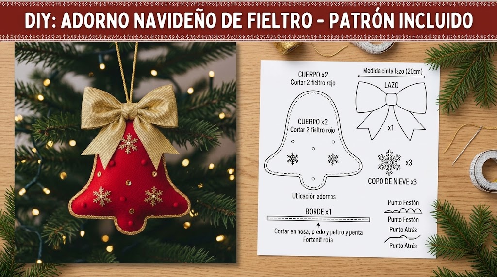Adorno de campana navideña de fieltro rojo con lazo dorado y copos de nieve