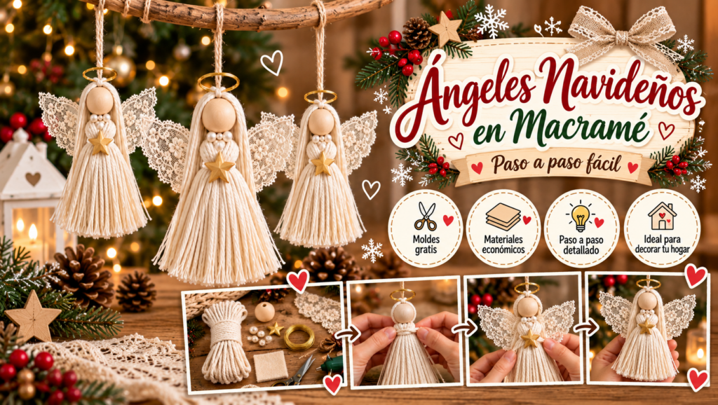 Ángeles navideños artesanales hechos con cordón de algodón, cabeza de madera, alas de encaje y estrella dorada.