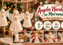 Ángeles navideños artesanales hechos con cordón de algodón, cabeza de madera, alas de encaje y estrella dorada.