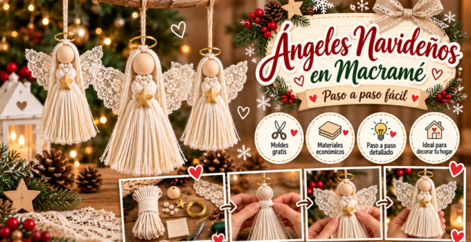 Ángeles navideños con cordón y encaje paso a paso Ángeles navideños artesanales hechos con cordón de algodón, cabeza de madera, alas de encaje y estrella dorada.