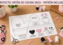 Agarradera de cocina de vaquita en tela con bolsillo de cuadros rosa y aplicaciones de fieltro
