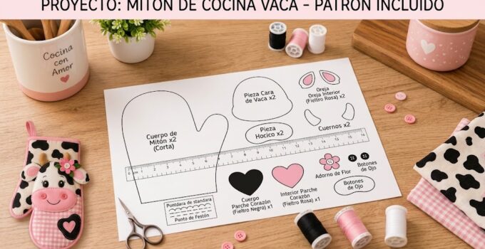 Cómo hacer una agarradera de cocina de vaquita en tela paso a paso Agarradera de cocina de vaquita en tela con bolsillo de cuadros rosa y aplicaciones de fieltro