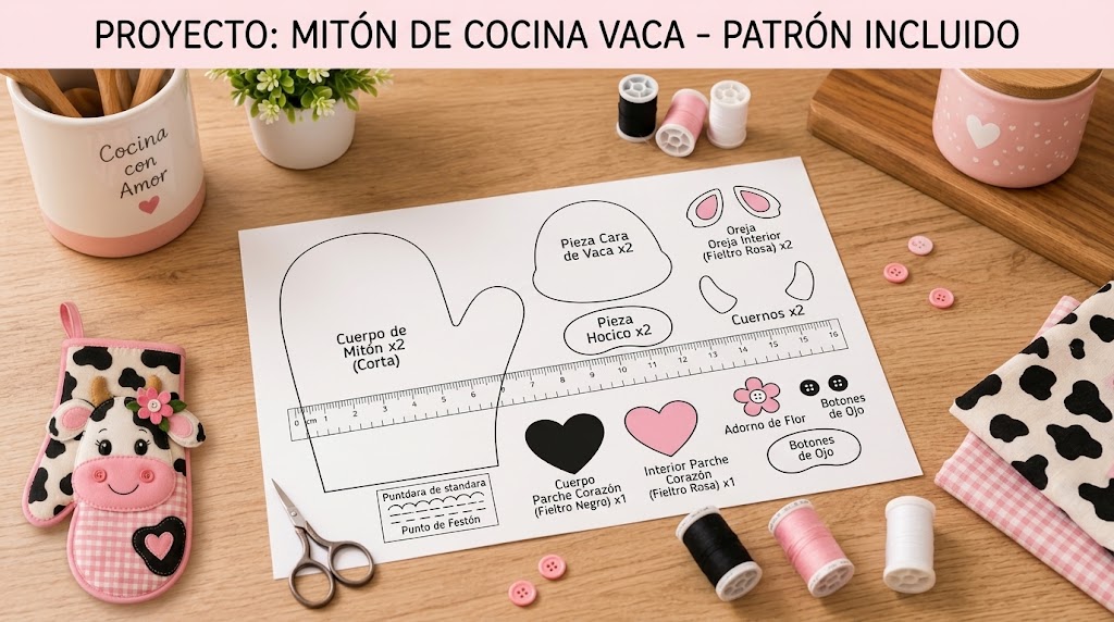 Agarradera de cocina de vaquita en tela con bolsillo de cuadros rosa y aplicaciones de fieltro