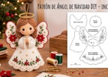 Ángel navideño de fieltro hecho a mano con alas blancas y flores rojas