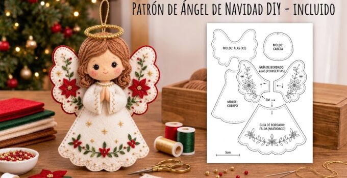 Cómo hacer un ángel navideño de fieltro paso a paso Ángel navideño de fieltro hecho a mano con alas blancas y flores rojas
