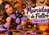 Murciélago de Halloween hecho en fieltro negro y morado con alas abiertas.