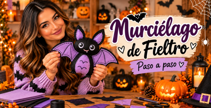Murciélago de Fieltro para Halloween paso a paso Murciélago de Halloween hecho en fieltro negro y morado con alas abiertas.
