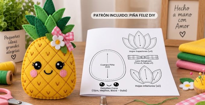 Cómo hacer una piña kawaii de fieltro paso a paso Piña kawaii de fieltro amarillo con hojas verdes, rostro sonriente, flor blanca y lazo rosa