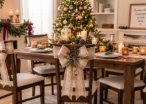 Lazo navideño de yute y encaje con piña, ramas de pino y estrellas decorando el respaldo de una silla
