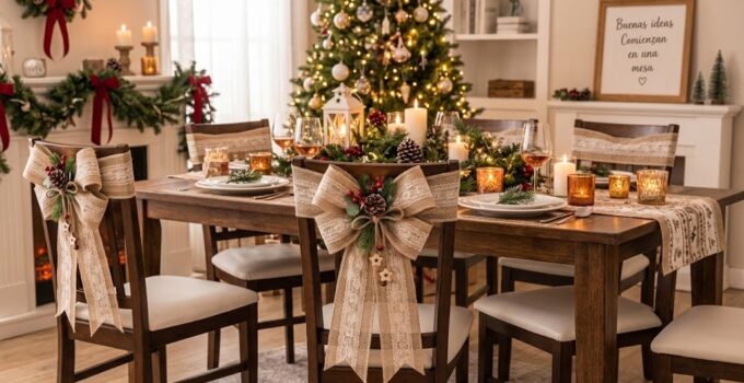 Cómo hacer un lazo navideño de yute y encaje para decorar sillas paso a paso Lazo navideño de yute y encaje con piña, ramas de pino y estrellas decorando el respaldo de una silla